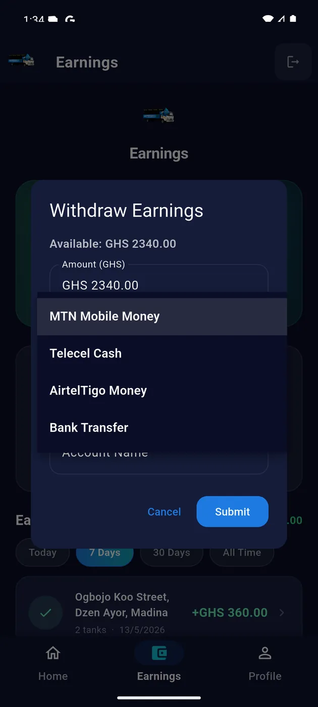 AguaDash earnings screen showing withdrawal and payout options.